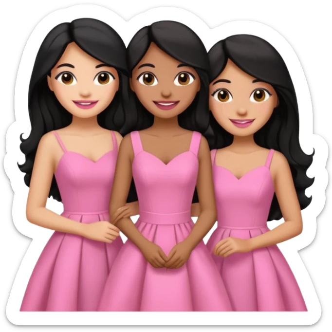 3 besties with professional glammed up looks wearing pink, medium skin tone smiling big with black long hair  sticker