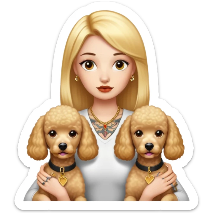 a  girl with glod  straight hair and tattoos and two poodle dogs sticker