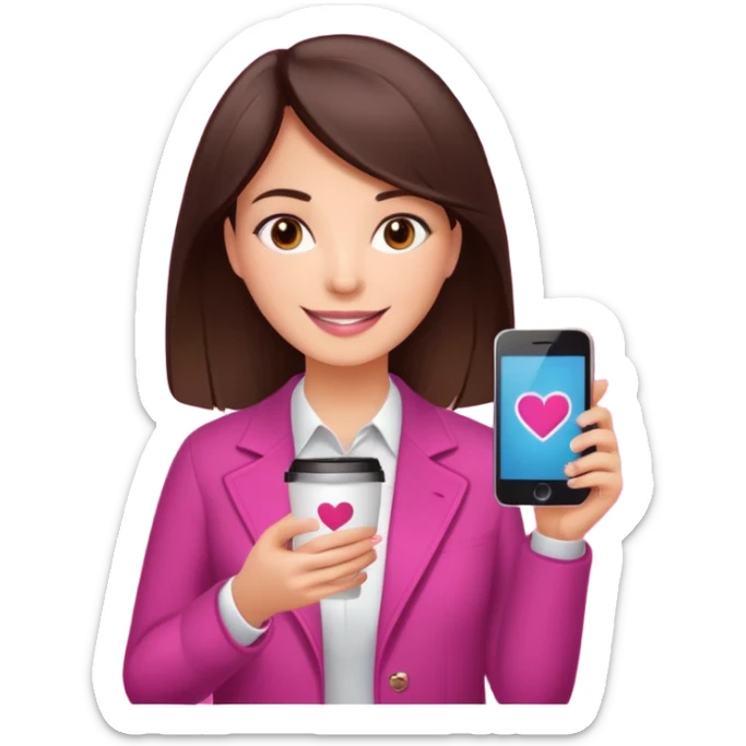 Social media manager. She has dark brown hair, brown eyes, a friendly smile. She is holding a smartphone and a coffee cup. Include subtle marketing elements like small icons of hashtags or a speech bubble with a heart, instagram logo. Use vibrant colors with a focus on pink and fuchsia tones. sticker