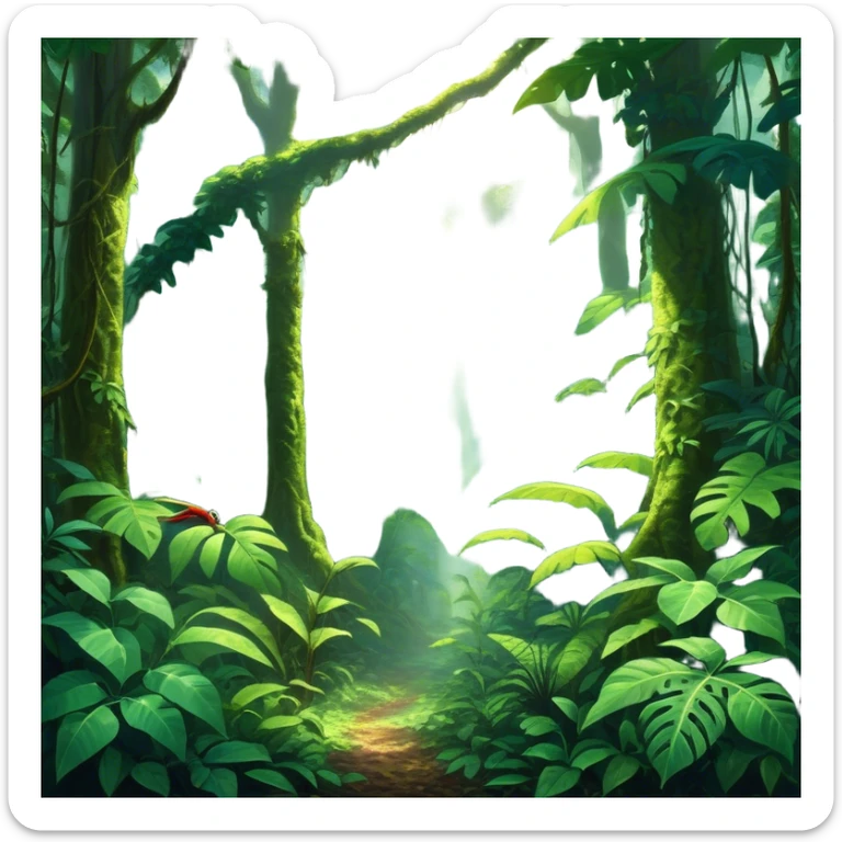 Cinematic Realistic Rainforest Emoji in a wooden frame, Lush and vibrant, filled with towering trees, thick vines, and dense green foliage, sunlight filtering through the canopy above, creating dappled patches of light on the rich, diverse undergrowth. The air is heavy with moisture, with mist rising from the forest floor and distant calls of exotic birds and animals echoing through the trees. Soft glowing outline, capturing the essence of a thriving, untamed tropical paradise filled with life! sticker