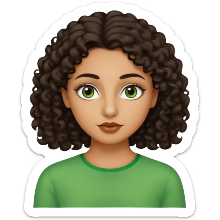 Create a zombie emoji inspired by a young woman with tanned skin, an oval face, large dark eyes, defined eyebrows, a small nose, and medium lips. Her hair should be long, curly, and dark brown. make a green skin like a zumbie original emoji sticker