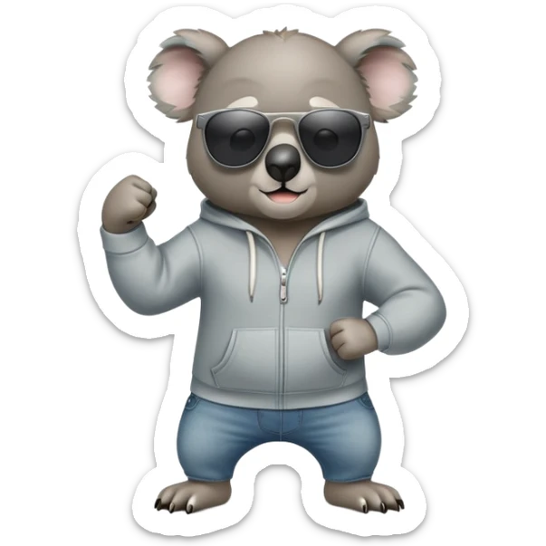 anthropomorphised koala, full body, wearing a hoodie and jeans, dark sunglasses, shaking fist sticker