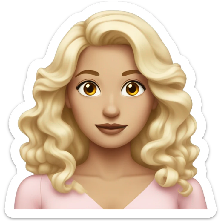 Gorgeous blonde woman, brown eyes, long wavy hair, wearing a light pink gown sticker