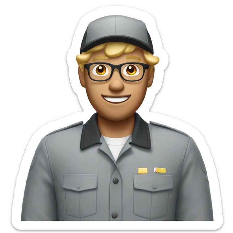 blonde wavy  short hair man with acne and glasses in mcdonald’s uniform and wearing mcdonald hat sticker