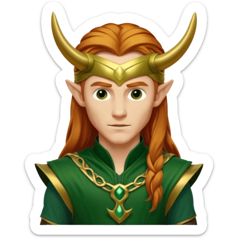 Loki, God of Mischief from Gods and Goddesses with long reddish blonde hair, gold and dark green outfit sticker