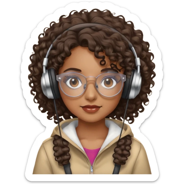 Chica morena con cabello crespo, con lentes transparentes y que tenga los ojos cafés oscuro. Y con unos audífonos en las manos. sticker