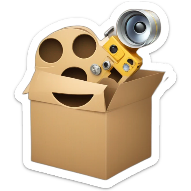 Video icons, movie camera, film, play, logos, likes, thumbs up, marks, views, coverage, applause fly out of a Cardboard box sticker