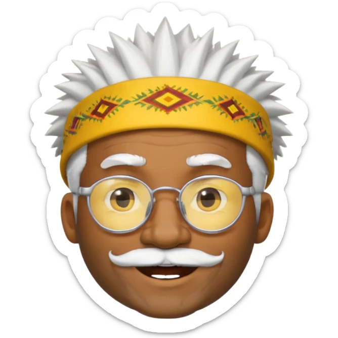 50 year old man, spiky hair, winking one eye, smiling brightly, black skin, raised eyebrows, wearing glasses, white hair and beard, wearing a yellow hat like a tribal chief, emoji style, style 4 sticker