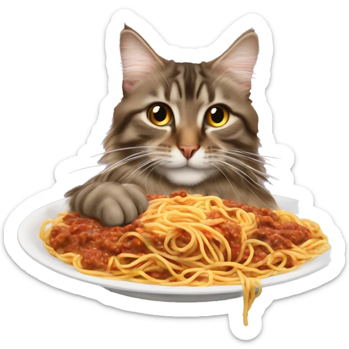 brown tabby long hair maine coone eating spaghetti bolognaise  sticker