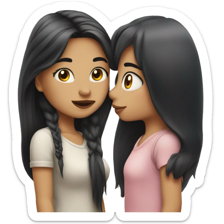 A girl kissing another girl on the cheek, both are blushing. They both have white skin and long black hair sticker