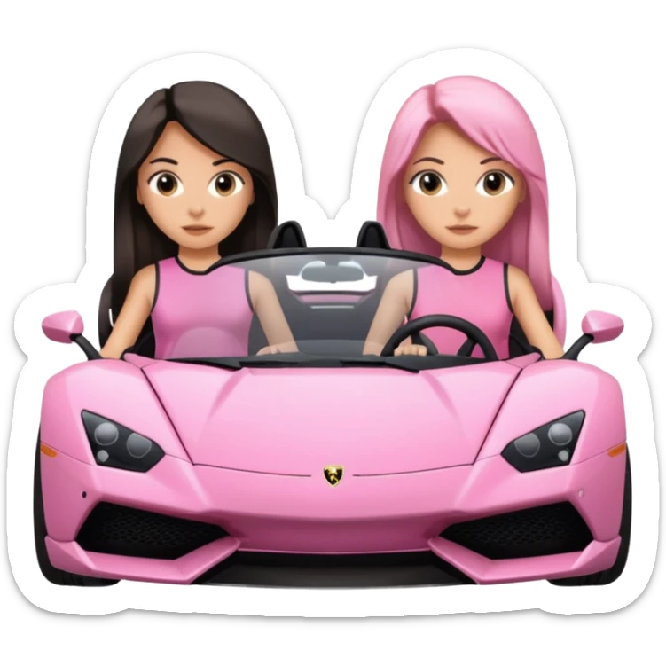 Make car far away so I can see full car Car facing forward in sports car. Make hair long  two girls in car far away Front of car sitting in the seats. Make it a pink sports car. They are two baddies make it a Lamborghini pink car  sticker