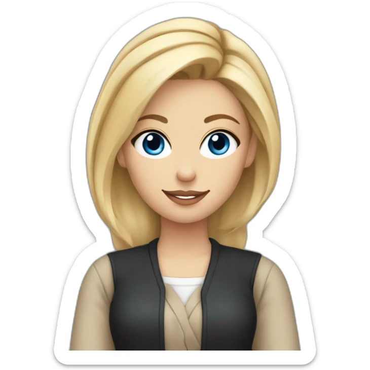 female designer with pen behind ear, blonde bun, black shirt, beige cardigan, blue eyes sticker