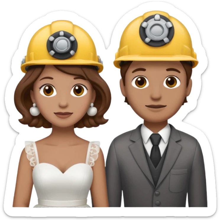 bride and groom couple, both with brown hair, bride has curlers in her hair, both wearing construction helmets and flats, emoji style sticker