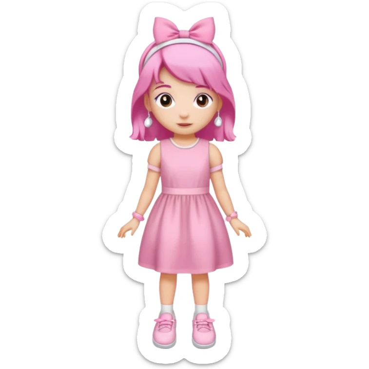 A girl wear a a pink pink dress and pink wacth and a pink hairband and a white shoes sticker
