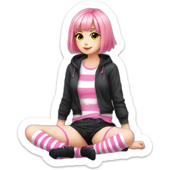 full body Front view emo girl sits on the floor black skirt pink knickers long striped socks sticker