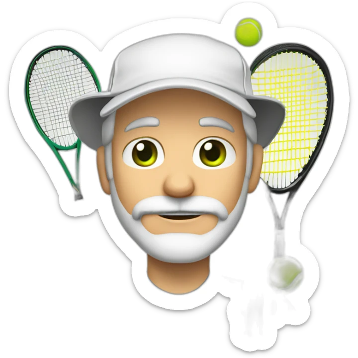 Tennisplayer green-eyed white-male in his 50s,gray-hear, gray-beard, white cap and white-shirt with tennis-raquet and tennis-ball sticker