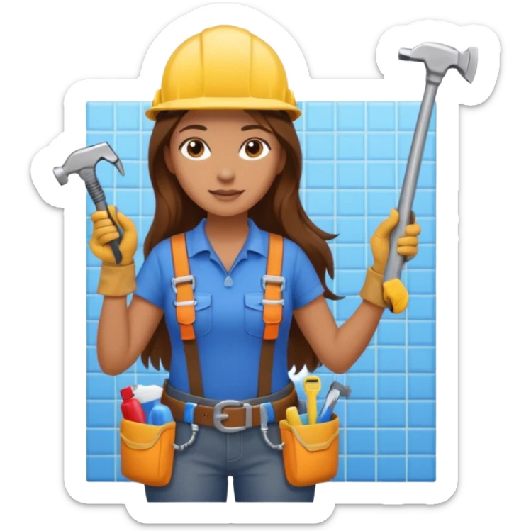 beautiful girl with long brown hair constructing new bathroom area with new shower and amenities  sticker