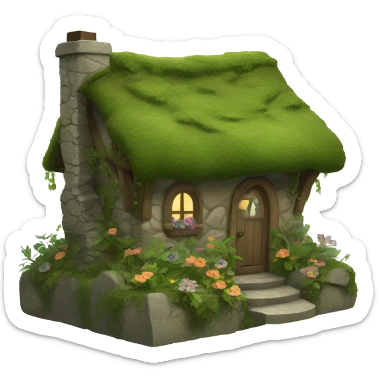 A cozy fantasy cottage made of stone and wood, covered in moss, vines, and flowers sticker