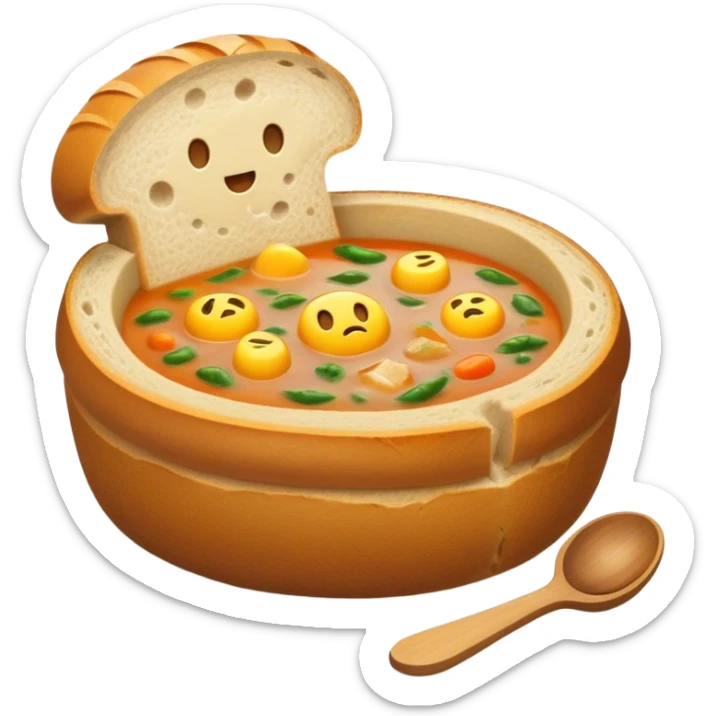 Żurek Cinematic Realistic Żurek Soup Dish Emoji, depicted as a tangy rye soup served inside a hollowed-out round loaf of bread, rendered with rich textures and dynamic, comforting lighting. sticker