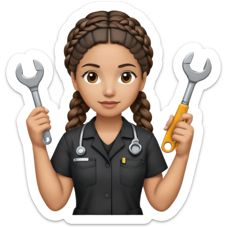 A 40-year-old Latina woman with light brown skin, working as a car mechanic, wearing all black mechanic scrubs, with two braids pulled back from her head sticker