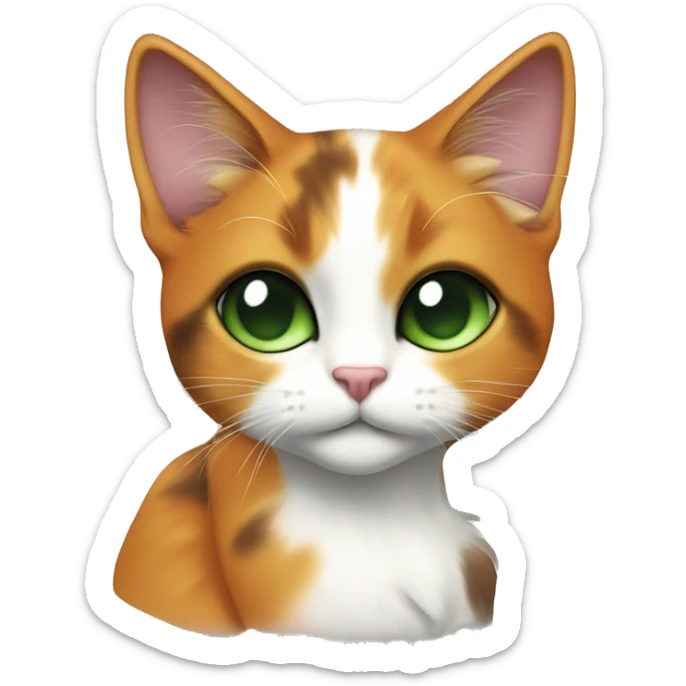 calico cat with green eyes.  a di black pattern around her eyes, The orange fur on her face extends from her forehead down to her mouth, creating a. Her chest and front legs are mostly white, sticker