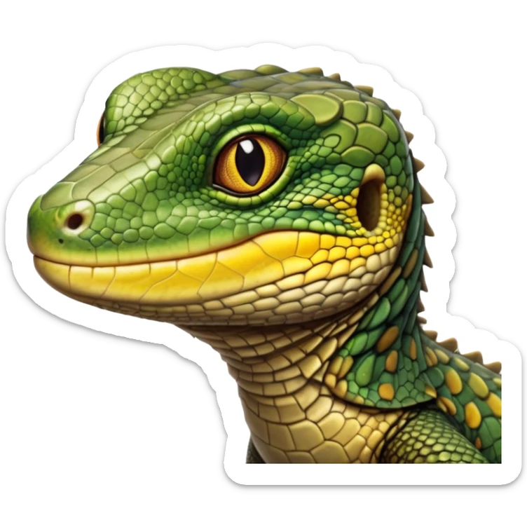 cinematic-realistic-cute-monitor-lizard-portrait-emoji,-head-tilted-playfully-and-inquisitively,-featuring-a-compact,-agile-body-with-finely-detailed,-glossy-scales-in-earthy-olive-hues-and-a-distinct,-alert-face-with-bright,-curious-eyes, yellow, brown spotted and green multi coloured  scales sticker