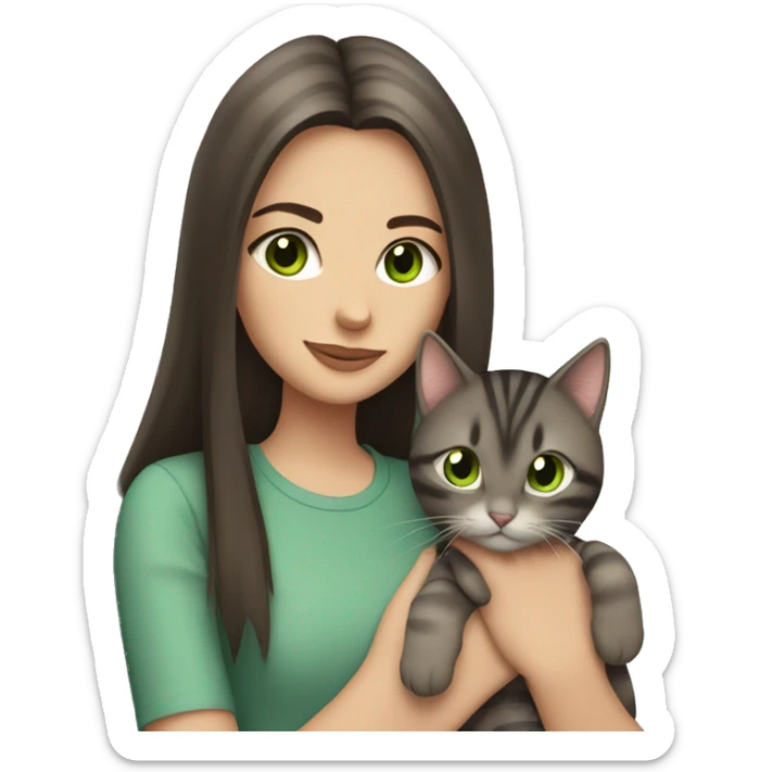 Brunette girl with straight hair, green eyes, holds a gray, striped, brown-eyed cat in her arms sticker