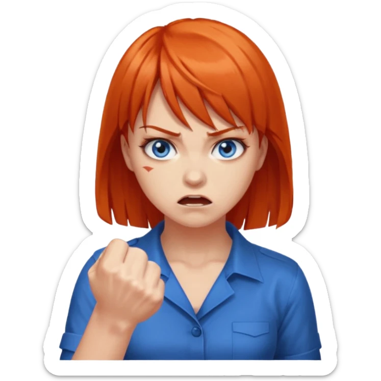 A woman with dark orange hair and bangs, blue eyes, an asmr streamer, angry, clenching his fist sticker