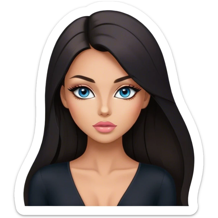 Glamours, tanned, beautiful, girl, with blue eyes, big pump peach-beige-rose lips, eyeliner, long lashes, black straight smooth silky long hair, straight parting hair,  in black v-neck bodysuit sticker