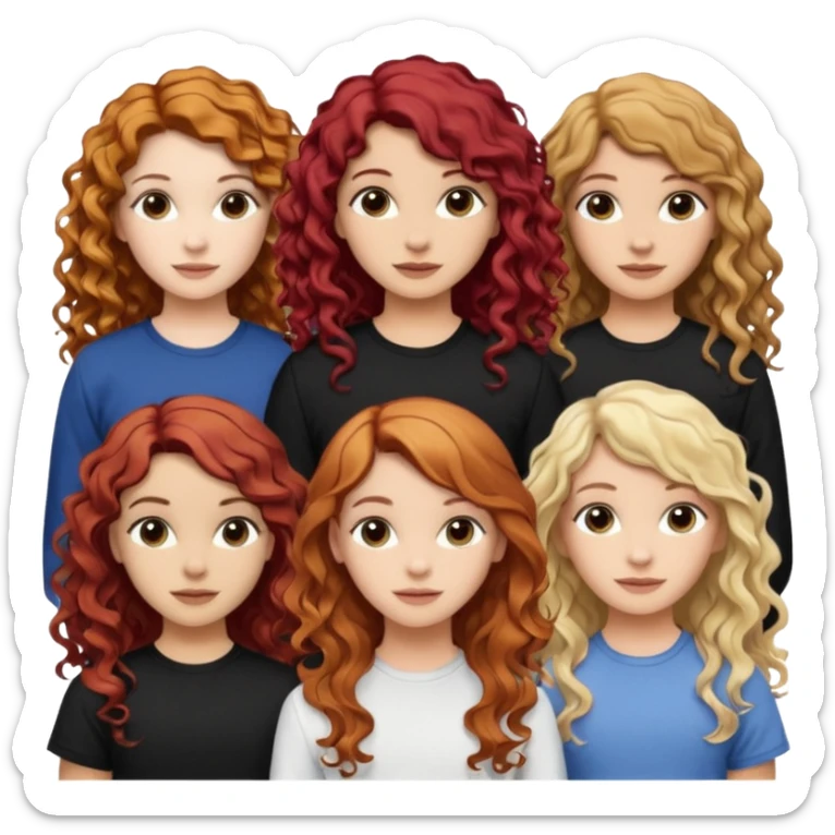 5 girls. The 1st girl has curly read hair. The 2nd girl has dyed blonde hair with brunette roots and she had mid-length hair that is wavy. The 3rd girl has long wavy brunette hair. The 4th girl has mid-length straight brunette hair. The 5th girl has black hair that is mid-length and wavy. sticker