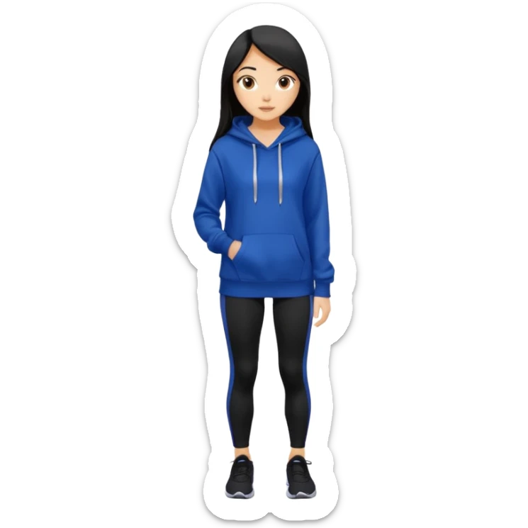 A pretty white/asian tanned girl with medium long strait dark brown almost black hair wearing a royal blue hoodie and black leggings  sticker