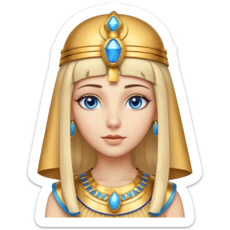 Cleopatra vestita da faraone con il cappello da faraone ma con gli occhi azzurri e i capelli lunghi biondi non troppo chiari con il cappello da faraone dorato senza frangia  sticker