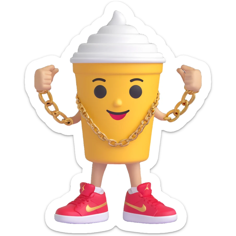 3D cartoon character of a Styrofoam cup of lean (purple drank), with a friendly face, arms, a gold chain, and Jordan sneakers, simple style sticker
