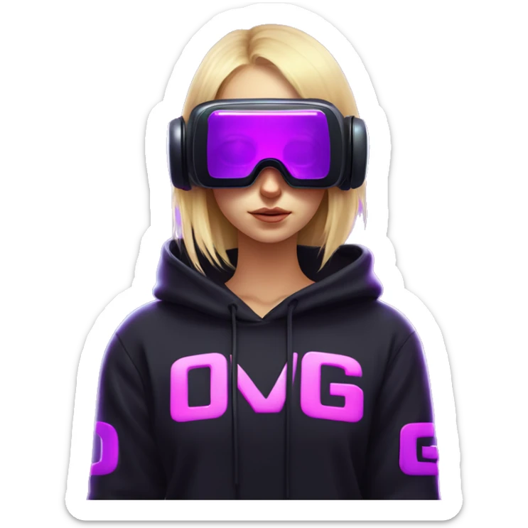 Russian cute blond student girl wearing black hoody with violet letters "OMG", in vr headset. No eyes. Cyberpunk style. Violet neon. sticker