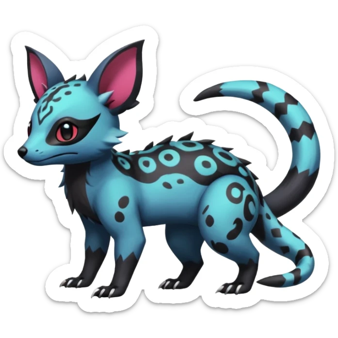 Rare exotic cute epic aesthetic gothic colorful Salandit-Eevee-Civet-species-Fakemon-hybrid-creature, with markings, full body sticker