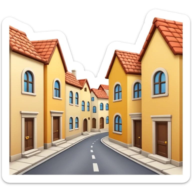 cozy narrow street with simplified background buildings, emoji style sticker