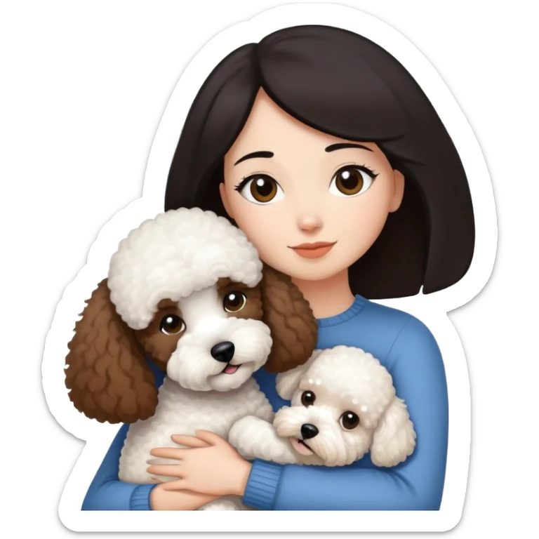 Woman with short black straight hair hugging a brown poodle and a white bichon frise sticker