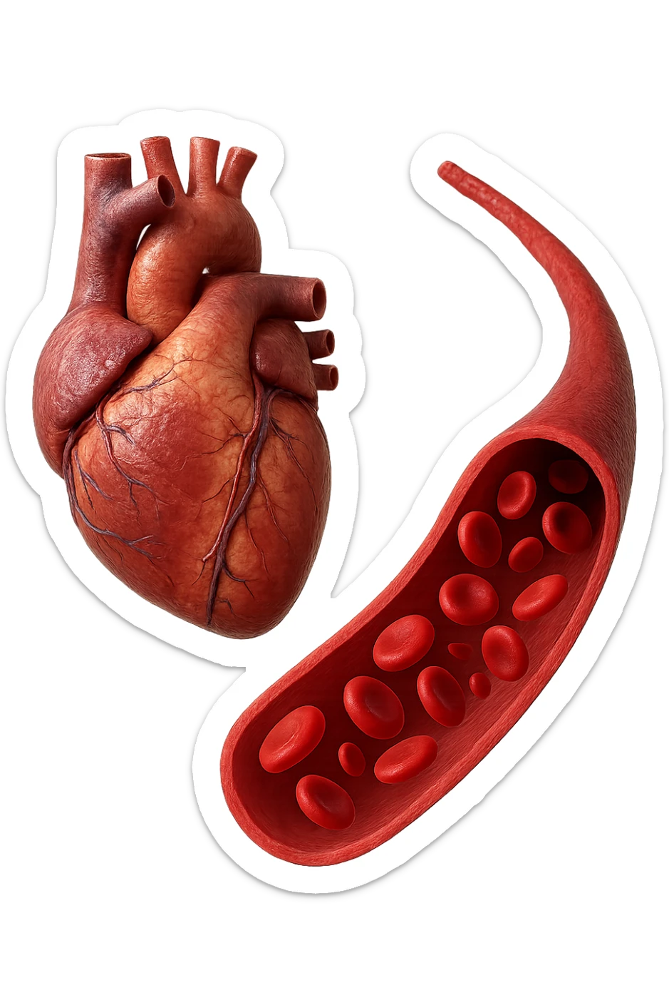 cuore anatomico umano fluttuano in aria insieme ad una vena umana con globuli rossi , iperrealistiche 4k sticker