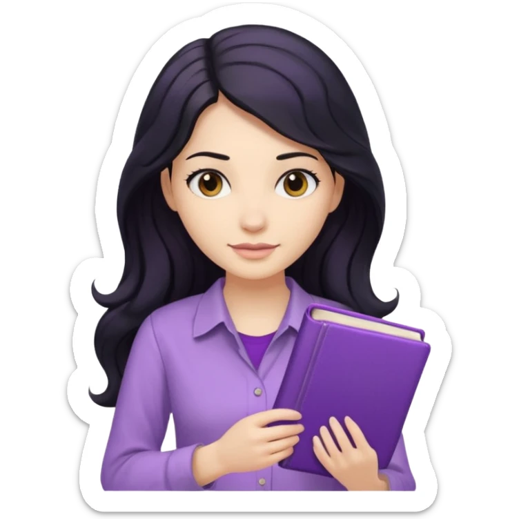 Long Hair Women with purple Book, Black wavy hair, beige shirt sticker