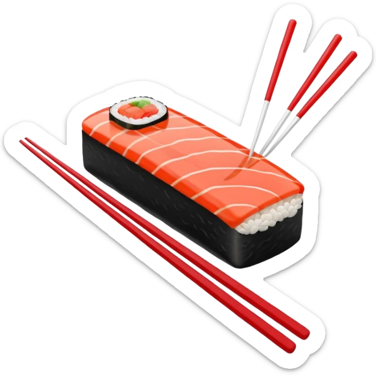 Japanese cuisine humanless avatar in minimalist emoji-style illustration. Sushi, roll and 2 chopsticks, clean lines, red white colors, flat design, calm and modern. sticker