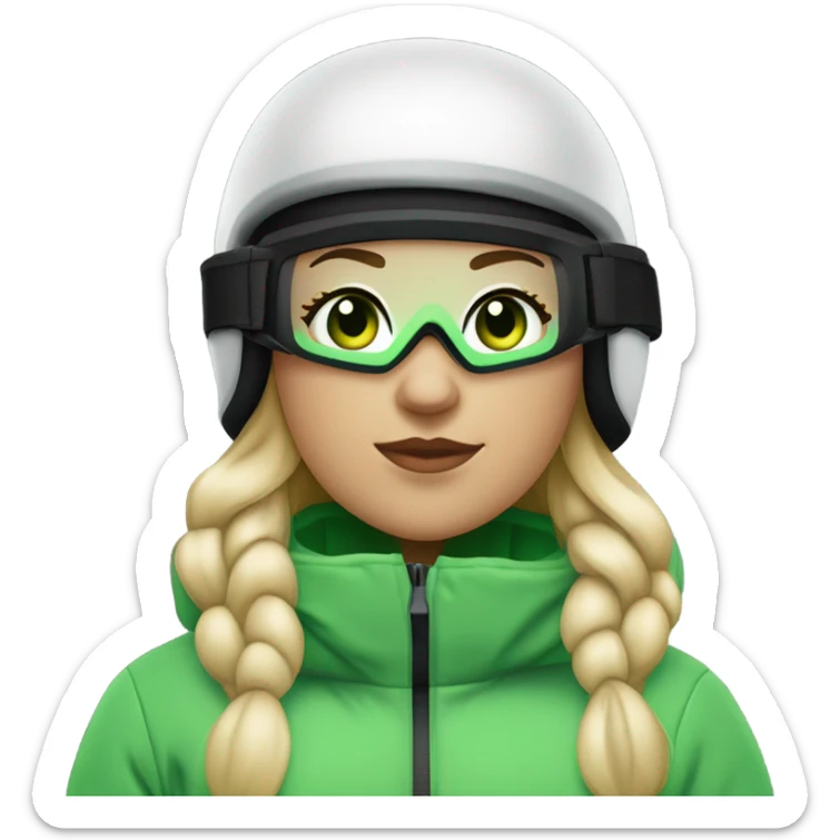 Green-eyed, fat female skier with medium-length straight blonde hair no curls, snow goggles on top of helmet, white ski helmet, gray snow jacket, green ski gloves, long black pants rolled up at the bottom, black only snow boots standing tall. sticker