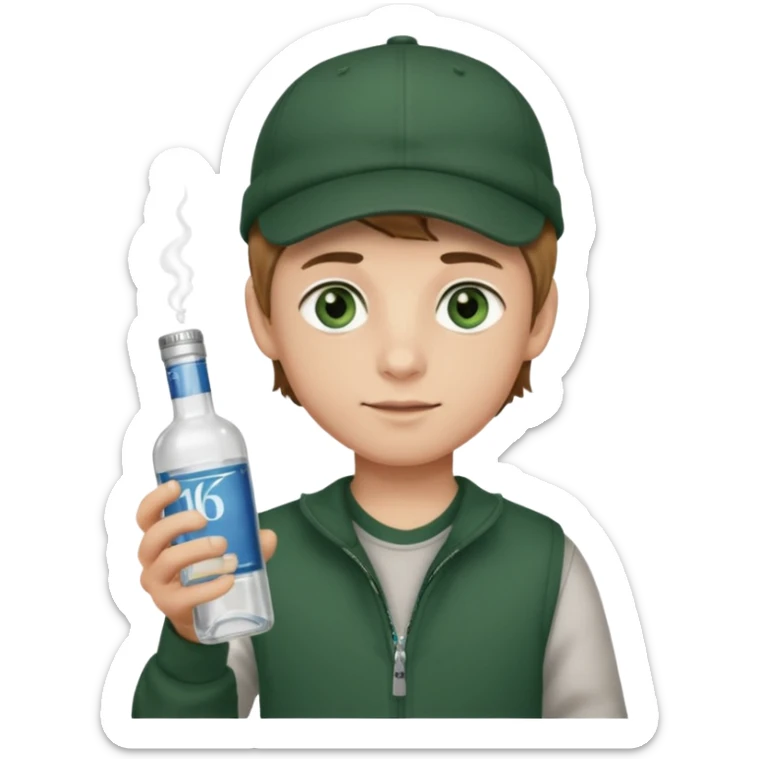 garçon avec yeux vert foncé qui a une puff 16k jnr à l’un main et une bouteille de vodka à la main avec une coupe casquette et les cheveux chatin clair  sticker
