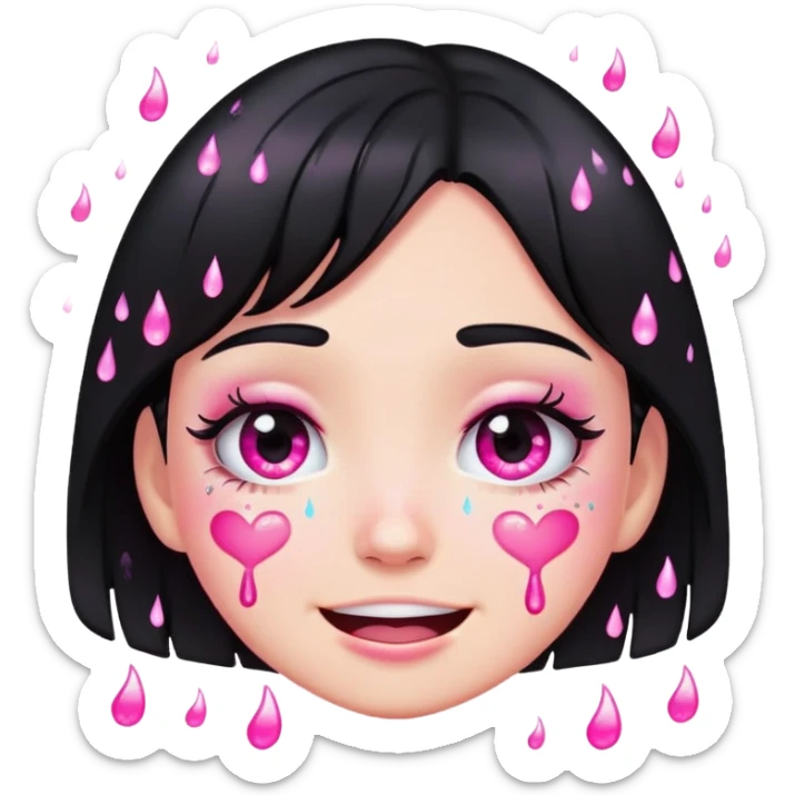black hair girl crying with pink glitter tears, smiling, emoji style sticker