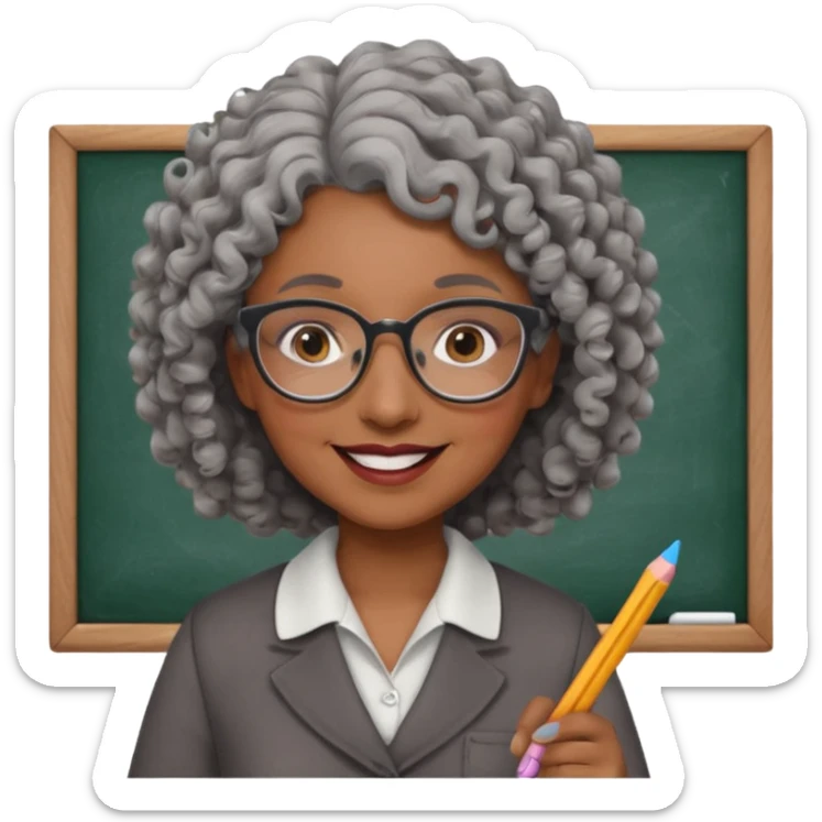 woman teacher, brown skin, curly grey hair, old, wearing glasses, hold chalk on hand sticker
