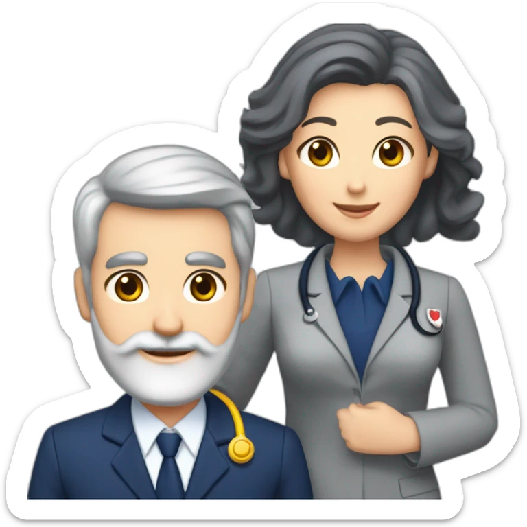 husband classy caucasian 55 dark gray hair trimmed beard wearing navy blue business suit holding bible, with wife asian age 55 dark hair nurse uniform, no children sticker