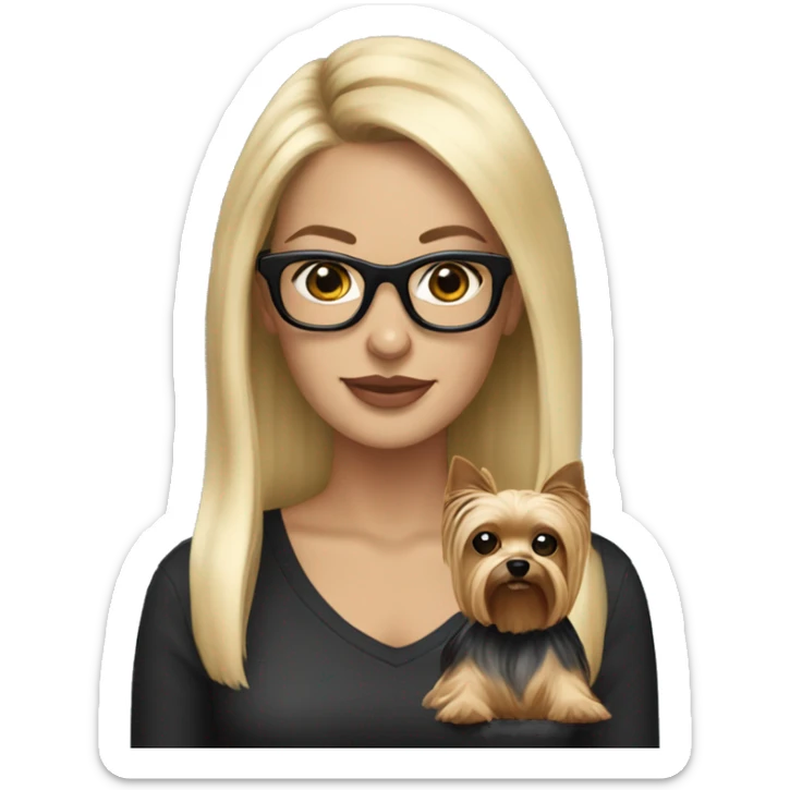 Beautiful white woman, long blonde hair and black glasses holding Yorkshire terrier sticker