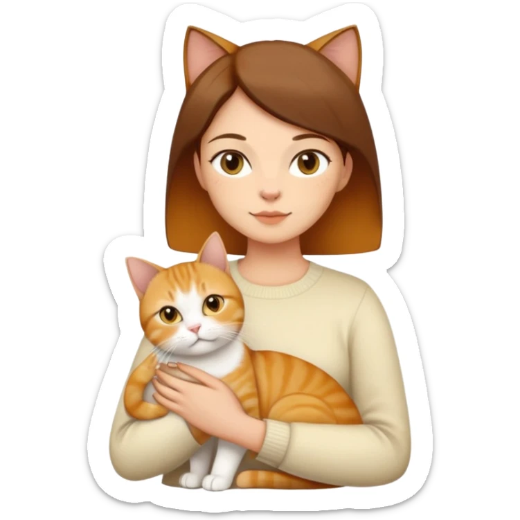 Straight short hair ear length in dark brown , skin tone honey . holding 3 cats - 1 ginger cat , 1yellow white cat , 1 cream color cat British short hair same size  sticker