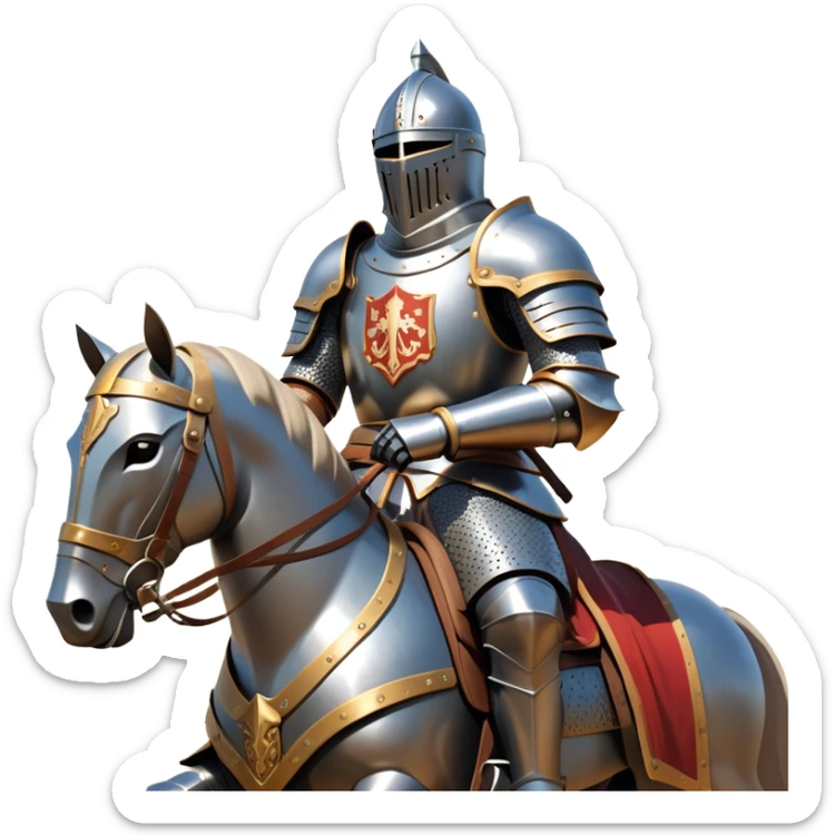 clash-of-clans-aesthetic_-cinematic-fearsome-and-majestic-knight-bust-portrait-emoji, rendered in a flat, vector-style with minimal shading and bold, simplified shapes, depicting a battle-ready medieval knight with steely eyes and intricate armor, mounted on a heavily armored warhorse with gleaming plated barding reflecting sunlight over a misty battlefield. sticker