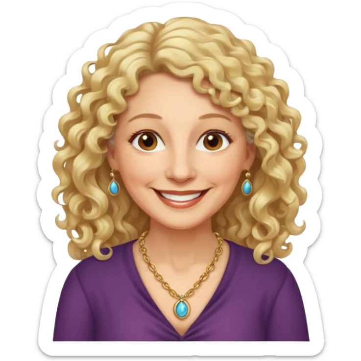 femme 60 ans cheveux blonds long très bouclés yeux marrons sourir sticker