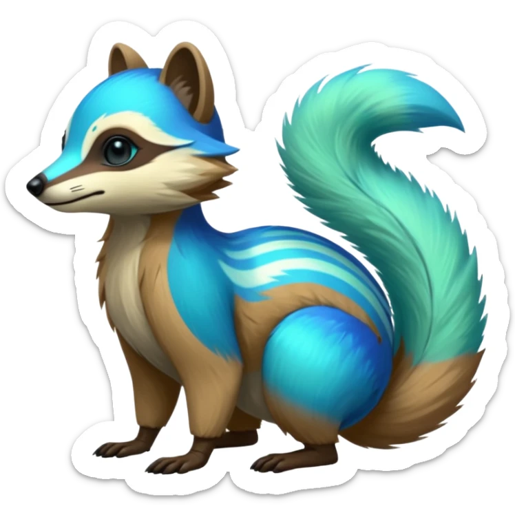 Iridescent Neon Green-Cyan-Blue Tanuki-Numbat-Sergal-fusion-hybrid-animal-creature, full body sticker